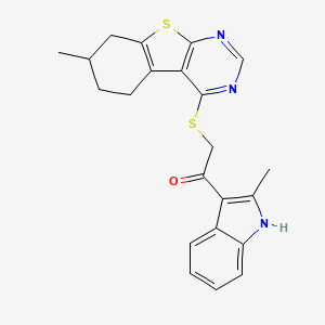 molecular formula C22H21N3OS2 B2816182 1-(2-methyl-1H-indol-3-yl)-2-({11-methyl-8-thia-4,6-diazatricyclo[7.4.0.0^{2,7}]trideca-1(9),2(7),3,5-tetraen-3-yl}sulfanyl)ethan-1-one CAS No. 496026-46-1
