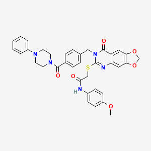 molecular formula C36H33N5O6S B2816219 N-(4-methoxyphenyl)-2-[(8-oxo-7-{[4-(4-phenylpiperazine-1-carbonyl)phenyl]methyl}-2H,7H,8H-[1,3]dioxolo[4,5-g]quinazolin-6-yl)sulfanyl]acetamide CAS No. 689760-02-9