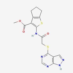 molecular formula C16H15N5O3S2 B2816228 methyl 2-(2-{1H-pyrazolo[3,4-d]pyrimidin-4-ylsulfanyl}acetamido)-4H,5H,6H-cyclopenta[b]thiophene-3-carboxylate CAS No. 733761-83-6