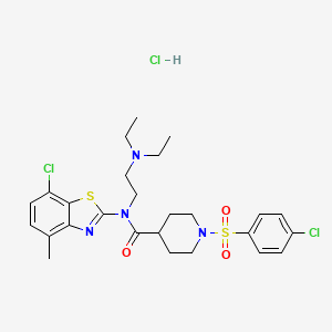 molecular formula C26H33Cl3N4O3S2 B2816318 N-(7-CHLORO-4-METHYL-1,3-BENZOTHIAZOL-2-YL)-1-(4-CHLOROBENZENESULFONYL)-N-[2-(DIETHYLAMINO)ETHYL]PIPERIDINE-4-CARBOXAMIDE HYDROCHLORIDE CAS No. 1351599-30-8