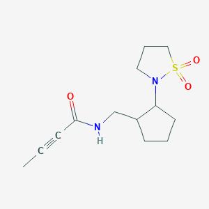 molecular formula C13H20N2O3S B2816395 N-[[2-(1,1-Dioxo-1,2-thiazolidin-2-yl)cyclopentyl]methyl]but-2-ynamide CAS No. 2411248-64-9