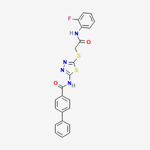 molecular formula C23H17FN4O2S2 B2816573 N-[5-({[(2-fluorophenyl)carbamoyl]methyl}sulfanyl)-1,3,4-thiadiazol-2-yl]-[1,1'-biphenyl]-4-carboxamide CAS No. 392298-75-8