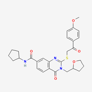 molecular formula C28H31N3O5S B2816644 N-cyclopentyl-2-{[2-(4-methoxyphenyl)-2-oxoethyl]sulfanyl}-4-oxo-3-[(oxolan-2-yl)methyl]-3,4-dihydroquinazoline-7-carboxamide CAS No. 959566-42-8