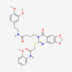 molecular formula C32H34N4O8S B2816752 N-[2-(3,4-dimethoxyphenyl)ethyl]-4-[6-({[(2-methoxyphenyl)carbamoyl]methyl}sulfanyl)-8-oxo-2H,7H,8H-[1,3]dioxolo[4,5-g]quinazolin-7-yl]butanamide CAS No. 688060-72-2