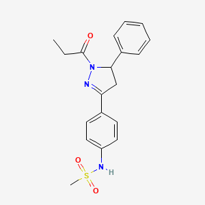 molecular formula C19H21N3O3S B2816761 N-[4-(3-phenyl-2-propanoyl-3,4-dihydropyrazol-5-yl)phenyl]methanesulfonamide CAS No. 851718-43-9