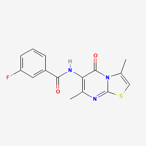 molecular formula C15H12FN3O2S B2816800 N-{3,7-dimethyl-5-oxo-5H-[1,3]thiazolo[3,2-a]pyrimidin-6-yl}-3-fluorobenzamide CAS No. 946357-94-4