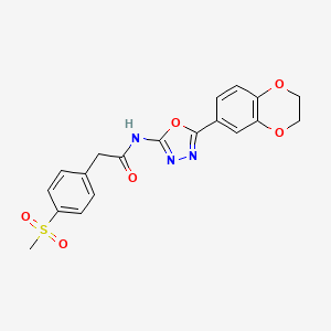 molecular formula C19H17N3O6S B2817241 N-(5-(2,3-dihydrobenzo[b][1,4]dioxin-6-yl)-1,3,4-oxadiazol-2-yl)-2-(4-(methylsulfonyl)phenyl)acetamide CAS No. 942008-75-5