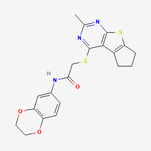 molecular formula C20H19N3O3S2 B2817542 N-(2,3-dihydro-1,4-benzodioxin-6-yl)-2-({10-methyl-7-thia-9,11-diazatricyclo[6.4.0.0^{2,6}]dodeca-1(8),2(6),9,11-tetraen-12-yl}sulfanyl)acetamide CAS No. 314261-21-7