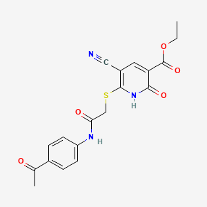 molecular formula C19H17N3O5S B2817552 Ethyl 6-((2-((4-acetylphenyl)amino)-2-oxoethyl)thio)-5-cyano-2-hydroxynicotinate CAS No. 380327-79-7