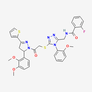 molecular formula C34H31FN6O5S2 B2817650 N-{[5-({2-[5-(2,3-dimethoxyphenyl)-3-(thiophen-2-yl)-4,5-dihydro-1H-pyrazol-1-yl]-2-oxoethyl}sulfanyl)-4-(2-methoxyphenyl)-4H-1,2,4-triazol-3-yl]methyl}-2-fluorobenzamide CAS No. 393573-81-4