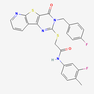 molecular formula C25H18F2N4O2S2 B2817837 N-(3-fluoro-4-methylphenyl)-2-({5-[(4-fluorophenyl)methyl]-6-oxo-8-thia-3,5,10-triazatricyclo[7.4.0.0^{2,7}]trideca-1(9),2(7),3,10,12-pentaen-4-yl}sulfanyl)acetamide CAS No. 1223766-43-5