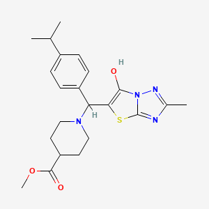 molecular formula C22H28N4O3S B2817940 Methyl 1-((6-hydroxy-2-methylthiazolo[3,2-b][1,2,4]triazol-5-yl)(4-isopropylphenyl)methyl)piperidine-4-carboxylate CAS No. 851810-03-2