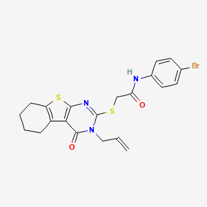 molecular formula C21H20BrN3O2S2 B2818105 N-(4-bromophenyl)-2-{[3-oxo-4-(prop-2-en-1-yl)-8-thia-4,6-diazatricyclo[7.4.0.0^{2,7}]trideca-1(9),2(7),5-trien-5-yl]sulfanyl}acetamide CAS No. 401828-12-4
