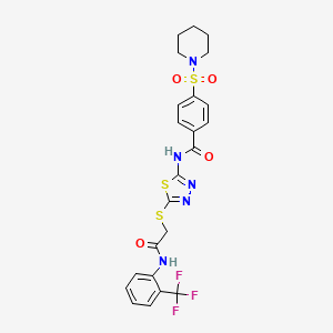 molecular formula C23H22F3N5O4S3 B2818319 N-(5-((2-oxo-2-((2-(trifluoromethyl)phenyl)amino)ethyl)thio)-1,3,4-thiadiazol-2-yl)-4-(piperidin-1-ylsulfonyl)benzamide CAS No. 392297-28-8