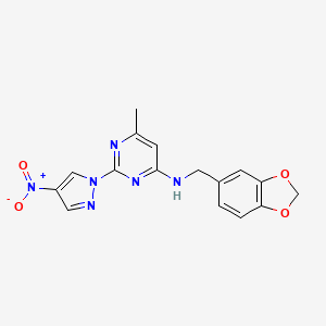 molecular formula C16H14N6O4 B2818379 N-[(2H-1,3-benzodioxol-5-yl)methyl]-6-methyl-2-(4-nitro-1H-pyrazol-1-yl)pyrimidin-4-amine CAS No. 1001607-76-6