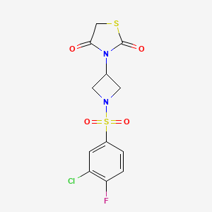molecular formula C12H10ClFN2O4S2 B2818449 3-(1-((3-Chloro-4-fluorophenyl)sulfonyl)azetidin-3-yl)thiazolidine-2,4-dione CAS No. 1795477-00-7