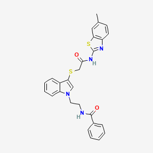molecular formula C27H24N4O2S2 B2818525 N-(2-(3-((2-((6-methylbenzo[d]thiazol-2-yl)amino)-2-oxoethyl)thio)-1H-indol-1-yl)ethyl)benzamide CAS No. 862826-40-2
