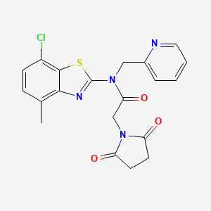 molecular formula C20H17ClN4O3S B2818791 N-(7-chloro-4-methyl-1,3-benzothiazol-2-yl)-2-(2,5-dioxopyrrolidin-1-yl)-N-[(pyridin-2-yl)methyl]acetamide CAS No. 922870-13-1