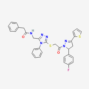molecular formula C32H27FN6O2S2 B2819029 N-{[5-({2-[5-(4-fluorophenyl)-3-(thiophen-2-yl)-4,5-dihydro-1H-pyrazol-1-yl]-2-oxoethyl}sulfanyl)-4-phenyl-4H-1,2,4-triazol-3-yl]methyl}-2-phenylacetamide CAS No. 362505-45-1