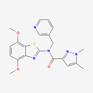 molecular formula C21H21N5O3S B2819213 N-(4,7-dimethoxy-1,3-benzothiazol-2-yl)-1,5-dimethyl-N-[(pyridin-3-yl)methyl]-1H-pyrazole-3-carboxamide CAS No. 1013809-40-9