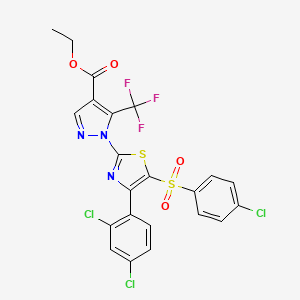 molecular formula C22H13Cl3F3N3O4S2 B2819293 ethyl 1-[5-[(4-chlorophenyl)sulfonyl]-4-(2,4-dichlorophenyl)-1,3-thiazol-2-yl]-5-(trifluoromethyl)-1H-pyrazole-4-carboxylate CAS No. 956779-71-8