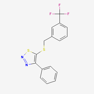 molecular formula C16H11F3N2S2 B2819344 4-Phenyl-5-{[3-(trifluoromethyl)benzyl]sulfanyl}-1,2,3-thiadiazole CAS No. 338398-45-1