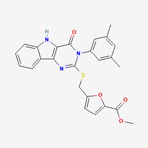 molecular formula C25H21N3O4S B2819494 methyl 5-(((3-(3,5-dimethylphenyl)-4-oxo-4,5-dihydro-3H-pyrimido[5,4-b]indol-2-yl)thio)methyl)furan-2-carboxylate CAS No. 536706-04-4