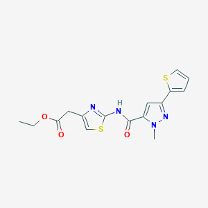 molecular formula C16H16N4O3S2 B2819708 ethyl 2-(2-(1-methyl-3-(thiophen-2-yl)-1H-pyrazole-5-carboxamido)thiazol-4-yl)acetate CAS No. 1219901-75-3