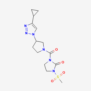 molecular formula C14H20N6O4S B2819709 1-(3-(4-cyclopropyl-1H-1,2,3-triazol-1-yl)pyrrolidine-1-carbonyl)-3-(methylsulfonyl)imidazolidin-2-one CAS No. 2034223-37-3