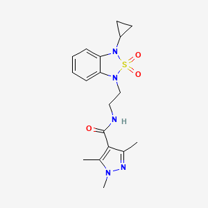 molecular formula C18H23N5O3S B2819728 N-[2-(3-cyclopropyl-2,2-dioxo-1,3-dihydro-2lambda6,1,3-benzothiadiazol-1-yl)ethyl]-1,3,5-trimethyl-1H-pyrazole-4-carboxamide CAS No. 2097888-88-3