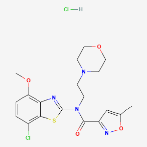 molecular formula C19H22Cl2N4O4S B2819759 N-(7-CHLORO-4-METHOXY-1,3-BENZOTHIAZOL-2-YL)-5-METHYL-N-[2-(MORPHOLIN-4-YL)ETHYL]-1,2-OXAZOLE-3-CARBOXAMIDE HYDROCHLORIDE CAS No. 1185074-94-5
