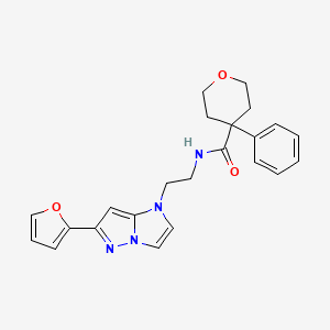 molecular formula C23H24N4O3 B2819772 N-{2-[6-(furan-2-yl)-1H-pyrazolo[1,5-a]imidazol-1-yl]ethyl}-4-phenyloxane-4-carboxamide CAS No. 1795298-33-7