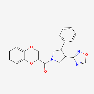 molecular formula C21H19N3O4 B2819797 (3-(1,2,4-Oxadiazol-3-yl)-4-phenylpyrrolidin-1-yl)(2,3-dihydrobenzo[b][1,4]dioxin-2-yl)methanone CAS No. 2034350-41-7