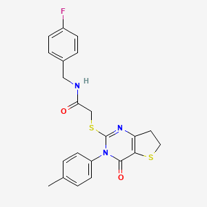 molecular formula C22H20FN3O2S2 B2819807 N-[(4-氟苯基)甲基]-2-[[3-(4-甲基苯基)-4-氧代-6,7-二氢噻吩[3,2-d]嘧啶-2-基]硫代]乙酰胺 CAS No. 686771-59-5