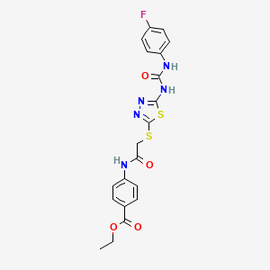 molecular formula C20H18FN5O4S2 B2819929 Ethyl 4-(2-((5-(3-(4-fluorophenyl)ureido)-1,3,4-thiadiazol-2-yl)thio)acetamido)benzoate CAS No. 886936-01-2