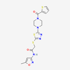 molecular formula C17H18N6O3S3 B2819960 N-(5-methyl-1,2-oxazol-3-yl)-2-({5-[4-(thiophene-2-carbonyl)piperazin-1-yl]-1,3,4-thiadiazol-2-yl}sulfanyl)acetamide CAS No. 1171943-02-4