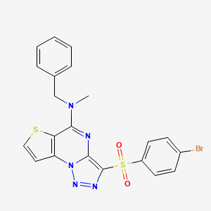 molecular formula C21H16BrN5O2S2 B2820002 N-benzyl-10-(4-bromobenzenesulfonyl)-N-methyl-5-thia-1,8,11,12-tetraazatricyclo[7.3.0.0^{2,6}]dodeca-2(6),3,7,9,11-pentaen-7-amine CAS No. 892749-67-6