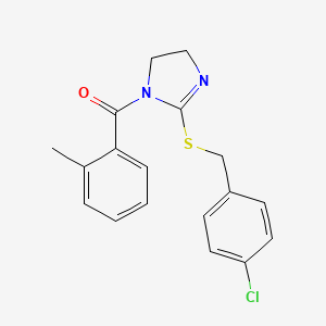 molecular formula C18H17ClN2OS B2820117 (2-((4-chlorobenzyl)thio)-4,5-dihydro-1H-imidazol-1-yl)(o-tolyl)methanone CAS No. 851801-52-0