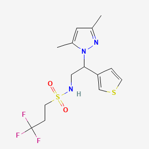 molecular formula C14H18F3N3O2S2 B2820267 N-(2-(3,5-dimethyl-1H-pyrazol-1-yl)-2-(thiophen-3-yl)ethyl)-3,3,3-trifluoropropane-1-sulfonamide CAS No. 2034347-70-9
