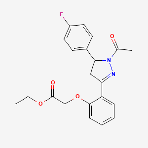 molecular formula C21H21FN2O4 B2820479 ethyl 2-(2-(1-acetyl-5-(4-fluorophenyl)-4,5-dihydro-1H-pyrazol-3-yl)phenoxy)acetate CAS No. 876941-41-2