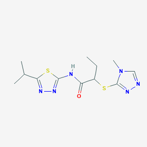molecular formula C12H18N6OS2 B2820584 N-(5-isopropyl-1,3,4-thiadiazol-2-yl)-2-((4-methyl-4H-1,2,4-triazol-3-yl)thio)butanamide CAS No. 394236-69-2
