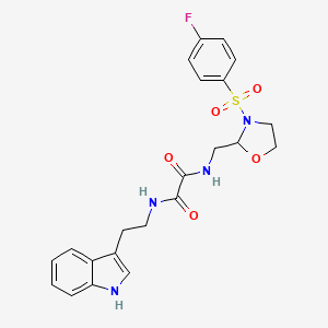 molecular formula C22H23FN4O5S B2820707 N-{[3-(4-fluorobenzenesulfonyl)-1,3-oxazolidin-2-yl]methyl}-N'-[2-(1H-indol-3-yl)ethyl]ethanediamide CAS No. 868982-39-2