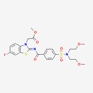 molecular formula C23H26FN3O7S2 B2821144 methyl 2-[(2Z)-2-({4-[bis(2-methoxyethyl)sulfamoyl]benzoyl}imino)-6-fluoro-2,3-dihydro-1,3-benzothiazol-3-yl]acetate CAS No. 897734-21-3