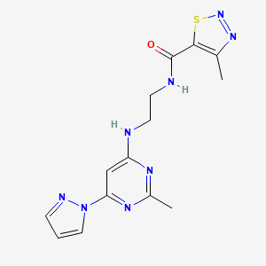 molecular formula C14H16N8OS B2821252 4-methyl-N-(2-((2-methyl-6-(1H-pyrazol-1-yl)pyrimidin-4-yl)amino)ethyl)-1,2,3-thiadiazole-5-carboxamide CAS No. 1206984-64-6
