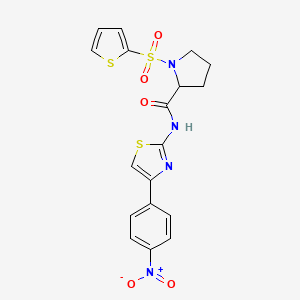 molecular formula C18H16N4O5S3 B2821284 N-(4-(4-nitrophenyl)thiazol-2-yl)-1-(thiophen-2-ylsulfonyl)pyrrolidine-2-carboxamide CAS No. 1104858-39-0