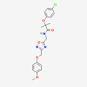molecular formula C21H22ClN3O5 B2821461 2-(4-chlorophenoxy)-N-((3-((4-methoxyphenoxy)methyl)-1,2,4-oxadiazol-5-yl)methyl)-2-methylpropanamide CAS No. 1226429-23-7