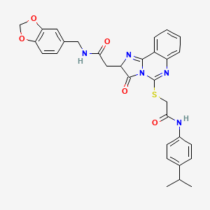 molecular formula C31H29N5O5S B2821573 N-(1,3-benzodioxol-5-ylmethyl)-2-[3-oxo-5-[2-oxo-2-(4-propan-2-ylanilino)ethyl]sulfanyl-2H-imidazo[1,2-c]quinazolin-2-yl]acetamide CAS No. 1022054-42-7