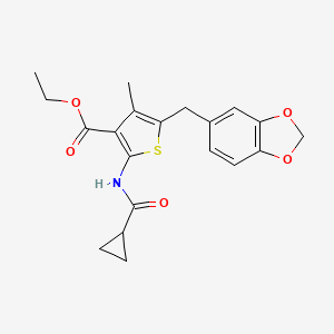 molecular formula C20H21NO5S B2821605 Ethyl 5-(benzo[d][1,3]dioxol-5-ylmethyl)-2-(cyclopropanecarboxamido)-4-methylthiophene-3-carboxylate CAS No. 476365-83-0