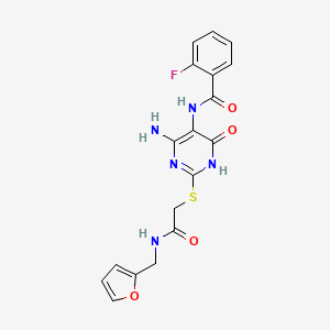 molecular formula C18H16FN5O4S B2821611 N-(4-amino-2-((2-((furan-2-ylmethyl)amino)-2-oxoethyl)thio)-6-oxo-1,6-dihydropyrimidin-5-yl)-2-fluorobenzamide CAS No. 872597-27-8