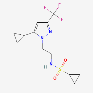 molecular formula C12H16F3N3O2S B2821644 N-(2-(5-cyclopropyl-3-(trifluoromethyl)-1H-pyrazol-1-yl)ethyl)cyclopropanesulfonamide CAS No. 1797831-20-9